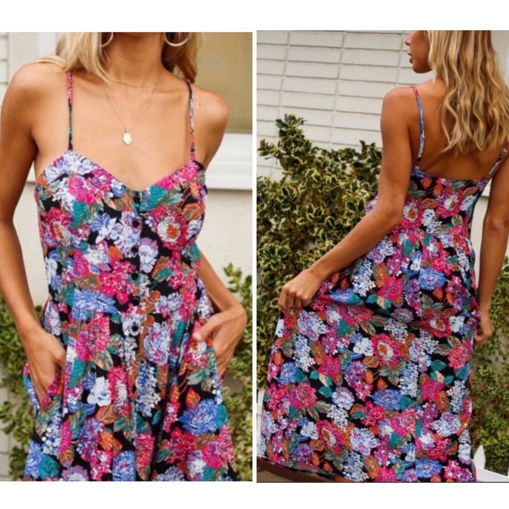 ROLLA'S Floral Midi Dress in Black with Pink, Blue & Green Print